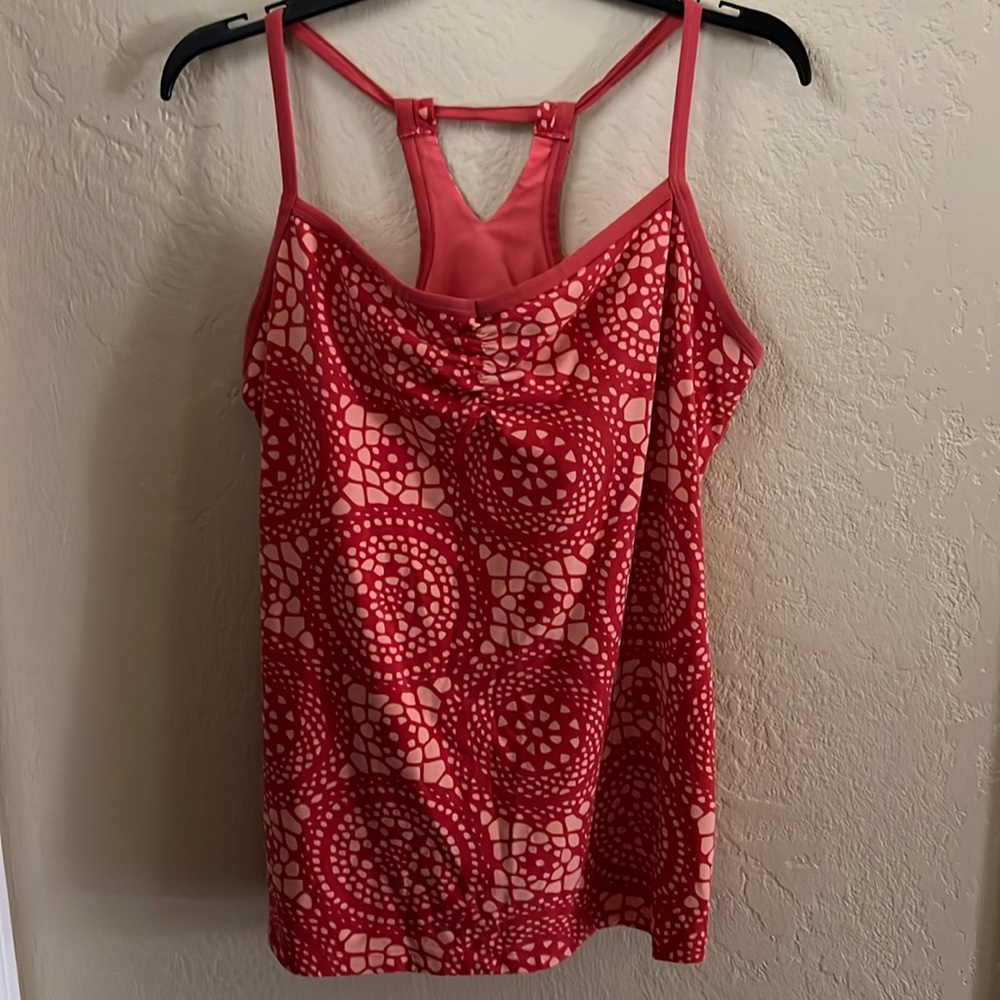 Lucy Heart Center Racerback tank Orange coral circular, built in self bra